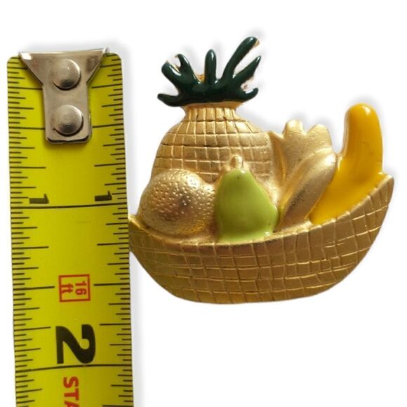 Tropical Fruit Salad Brooch Pin Gold Tone Pineapple Banana Pear Whimsical Enamel - Picture 2 of 16